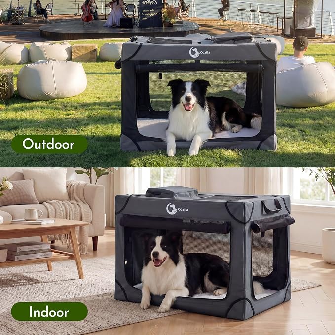 Portable Collapsible Soft Dog Crate for Medium Dogs, 30in Black | Oxford Cloth Travel Camping dog kennel with 4 Mesh Windows & 2 Storage Pockets,for Indoor & Outdoor Use