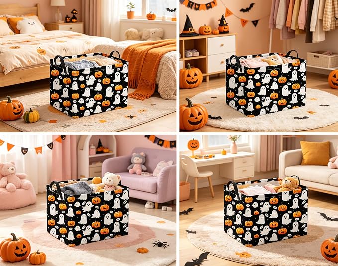 Halloween Basket Cute Baskets for Kids Pumpkin Basket Rectangular Storage Bin Organizer Box Room Decor(Black Ghost Pumpkin)