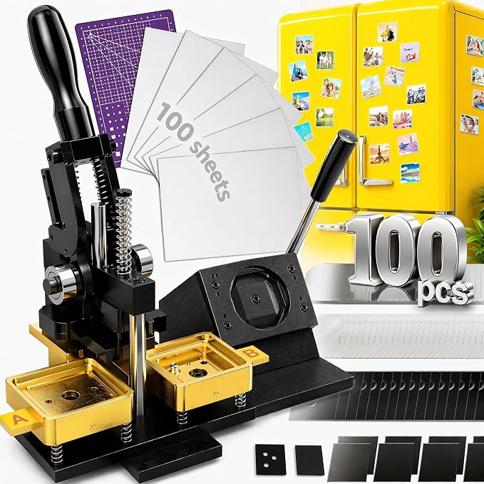 2x2 Inch Square Fridge Magnet Maker Machine Kit- [100Pcs Consumables +100 Sheets Photo Paper, Cutter & Cutting Board] Upgraded Black Gold Square Magnet Maker | Photo Magnet Making kit