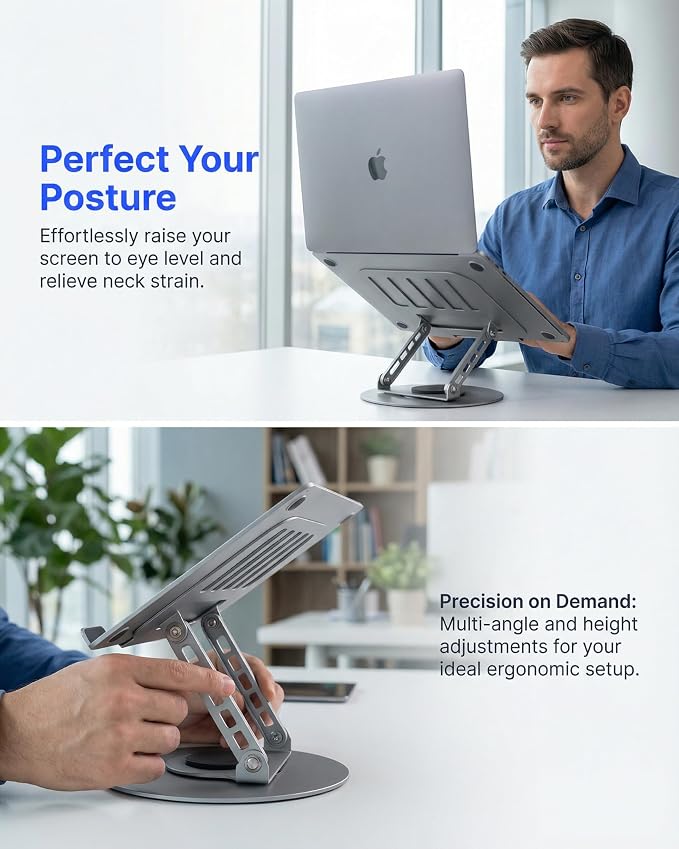 Compatible 360° Rotating Adjustable Laptop Stand, Fully Foldable Dual Rotary Shaft Laptop Riser Portable Standing Desk, Fits MacBook & All 10-15 Inch Laptops - Grey