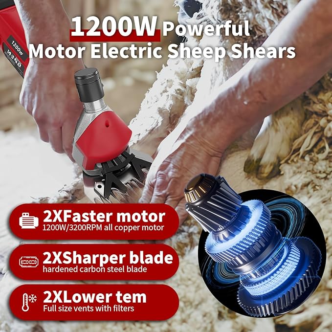 1200W Sheep Shears Clippers, 3200RPM 6-Speed Adjustable Heavy Duty Electric Sheep Shears for Dogs and Farm Livestock Grooming, 13T Blades, Professional Thick Coat Dog Clippers for Alpacas, Goats (RED)