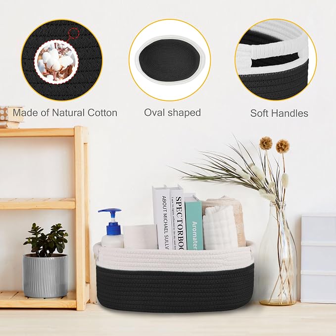 Small Woven Gift Basket with Bag & Ribbons, Black | Cotton Rope, 13”x 9”x 5.5”, Fits for Kids, Women & Men, Bedroom, Living Room, Nursery & Bathroom Storage, Cat & Dog Toy Boxes