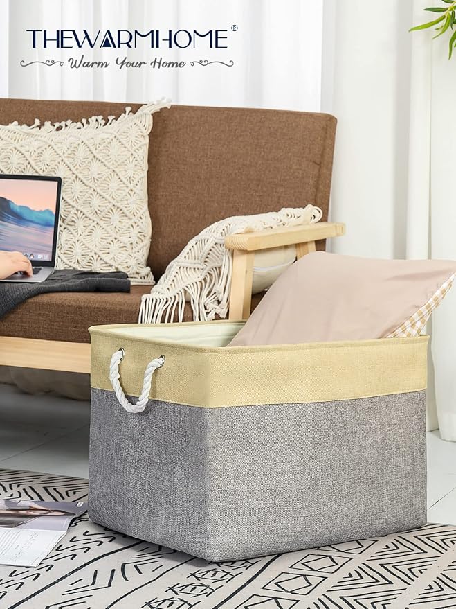 Storage Bins Baskets for Organizing - Extra Jumbo 3 Pack 20.5Lx15.7Wx13.8H Sturdy Fabric Storage Basket for Shelves, Decorative Foldable Closet Nursery Toy (Gold&Grey)