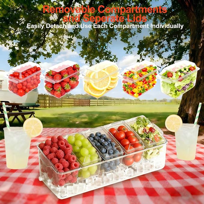 Large Ice Chilled Condiment Caddy，Chilled Condiment Containers Server with Lids for 5 Removable Compartments ，Serving Platters , Fruit & Garnish Tray for Party Supplies & Bar Accessories-Transparent