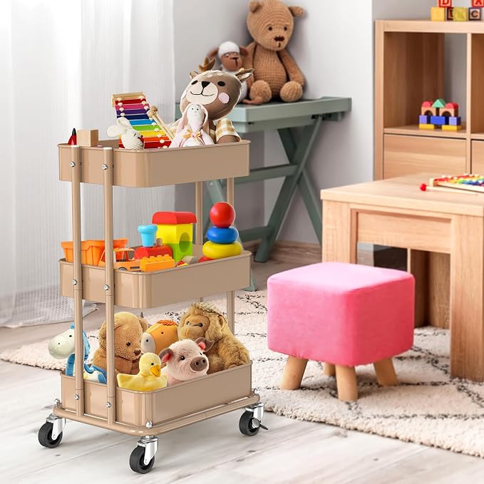 Simple Houseware 3-Tier Utility Cart, Low 24" Height Fits Under Desk, Khaki | Compact & Lower Height Great for Under-Desk Space-Saving Storage for Home Office, Dining Room, or Kitchen