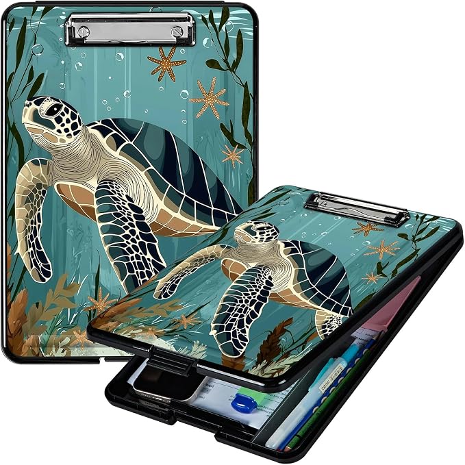 Heavy Duty Storage Clipboard, Slim Nursing Clipboard with Internal Pen Case, Portable File Organizer Case for A4 Letter Size Paper Office Medical Professionals, Retro Turtle Ocean
