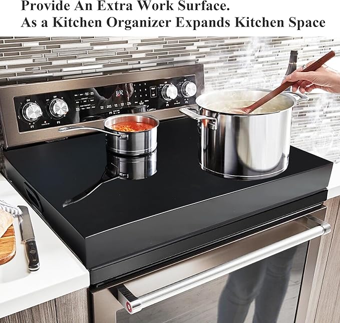 Stainless Steel Gas Stove Top Cover, Noodle Board Cooktop Cover, Kitchen Organizer for Gas and Electric Stove Range Expanding Kitchen Space, Large Size 30"x 22"x3", Black