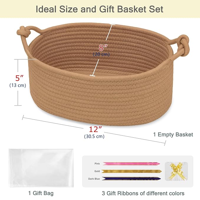 Small Empty Gift Basket with Bag & Ribbons, Camel | 12“x8”x5”, Cotton Rope Woven Basket for Birthdays, Baby Showers, Mother's Day, Christmas; Stores Small Items, Kids & Pet Toys