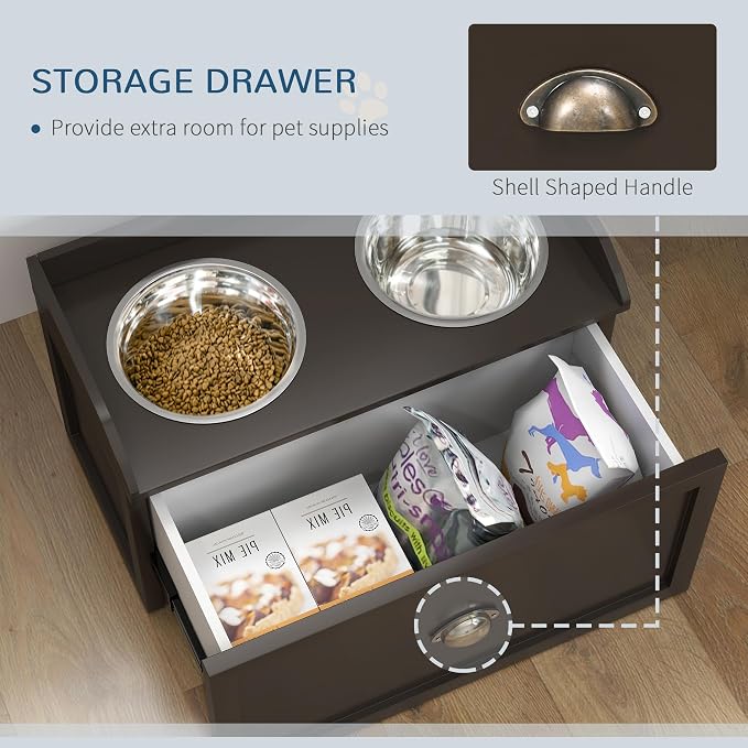 PawHut Dog Feeding Station with Storage Drawer, Dog Food Storage Cabinet with 2 Removable Elevated Pet Bowls for Large Sized Dogs, Coffee | 2 Removable Elevated Pet Bowls, for Large Sized Breeds