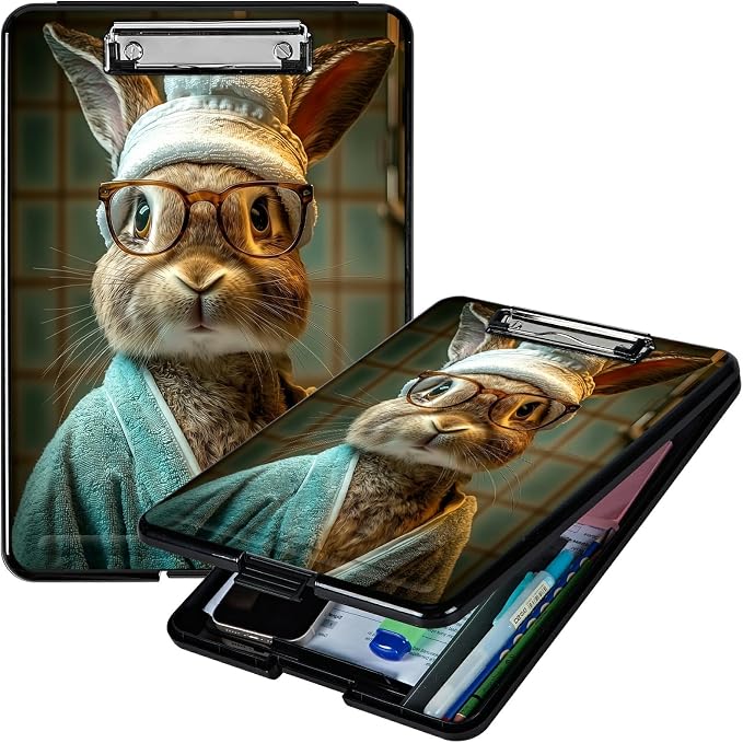 Heavy Duty Storage Clipboard, Slim Nursing Clipboard with Internal Pen Case, Portable File Organizer Case for A4 Letter Size Paper Office Medical Professionals, Glasses Rabbit