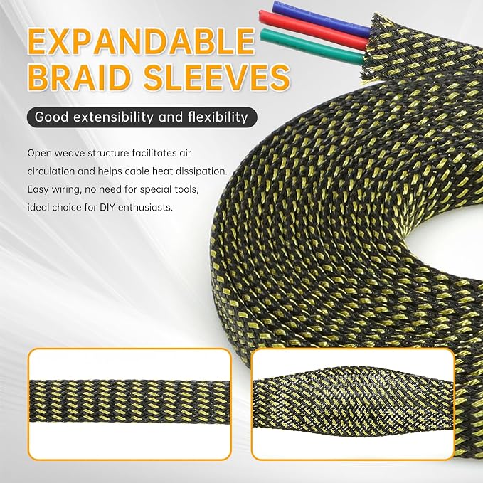 Braided Cable Sleeve 33ft, PET Expandable Wire Loom for Automotive Wiring Harness & PC Computer Case, Audio Video Cable Management System (Black-Gold, 10mm (3/8"))