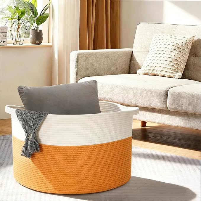 MEGASKET Large Orange Storage Basket, 22"x14" Soft Woven Cotton Rope Storage Bin, Decorative Dog Kid Toy Box, Big Blanket Basket for Living Room Bedroom, Round Basket for Shoes, Towels, and Decoration