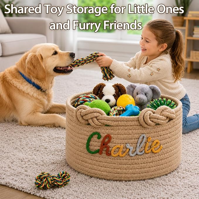 Personalized Dog Toy Basket with Name, Custom Puppy & Kitten Toy Storage Bins, Personalized Cute Handmade Cotton Rope Organizer for Snacks, Pet Supplies, Birthday Gifts Basket for Pets (A1)