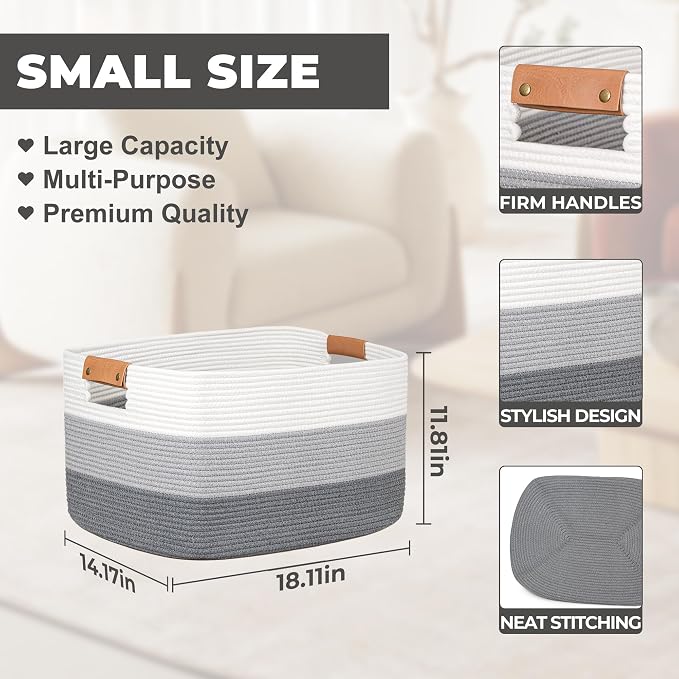 danpinera Rectangle Blanket Storage Basket, 50L Large Decorative Basket Living Room, Storage Bin with Handle, Woven Rope Hamper for Toy Organizing & Laundry, 18.11’’*14.17’’*11.81’’ Gradient Grey