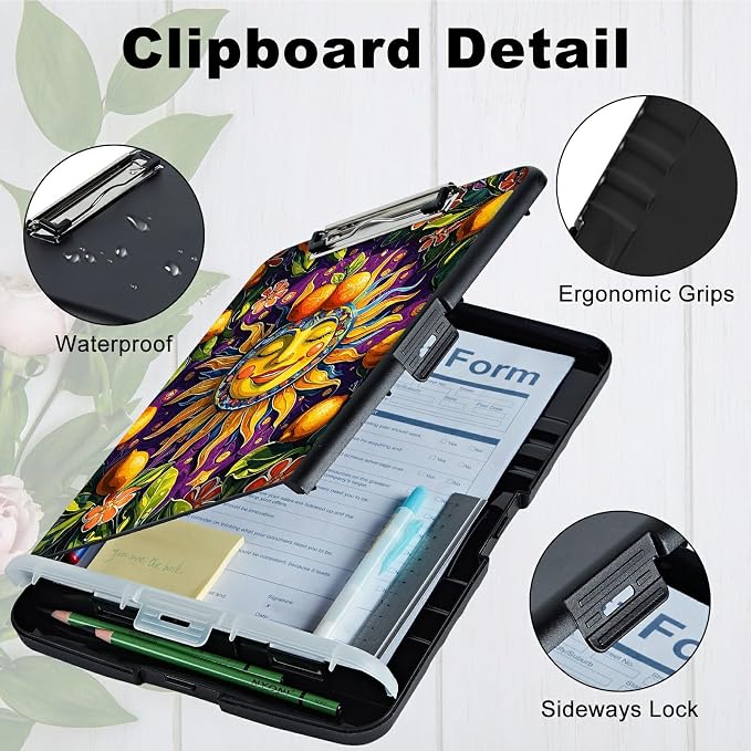 A4 Clipboard with Storage Pen Holder, Clipboards Organizer Nursing Clipboard Foldable File Folder Plastic Clipboard Folio Clip Board for Office Work Classroom Doctor, Sun Lemon