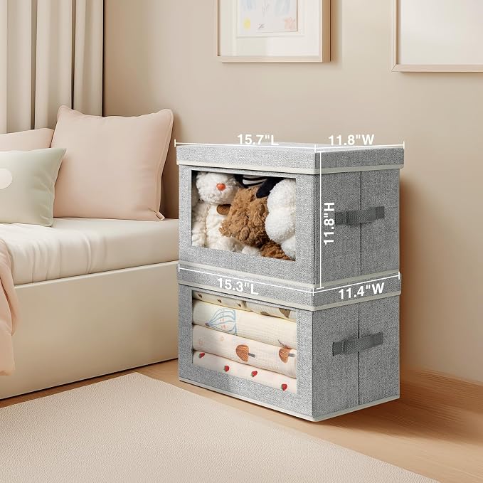 Large Storage Baskets with Lids - Stackable Cube Bins for Closet, 6 Pack Windows Organizer Bins, Home Organizers and Storage for Clothes, CD, Towels, Light Grey