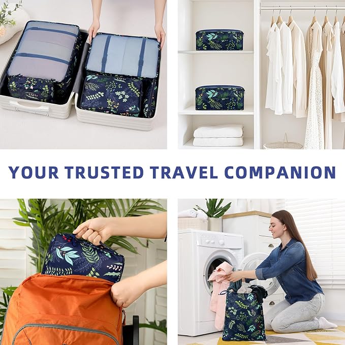BAGAIL 8 Set Packing Cubes Luggage Packing Organizers for Travel Accessories-Navy Leaf