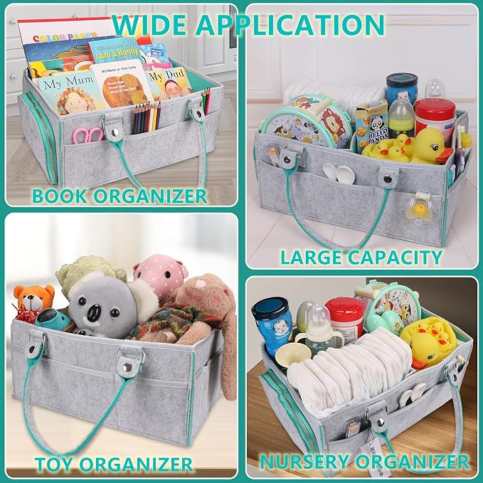XUANGUO Large Baby Diaper Caddy Organizer, Felt Basket with Handles, Green | Nursery storage bin with dividers; portable tote bag for baby stuff, changing table or car, baby shower and registry gifts.