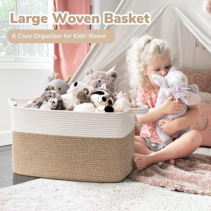 Goodpick Large Woven Rope Blanket Basket, Rectangle, White & Light Brown | 21.6" × 14.9" × 11.8" Storage Basket for Pillows & Toys Laundry, Nursery & Living Room Organization, Reinforced Handles