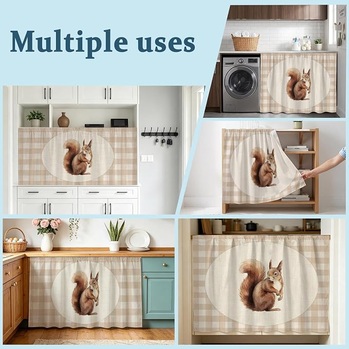 Squirrel Plaid Sink Skirt for Bathroom, Self-Adhesive Under Sink Curtain, Rustic Farmhouse Checkered Retro Animal Hide Pipes & Storage Fabric Cabinet Skirt Cover for Kitchen Laundry 32"x55"