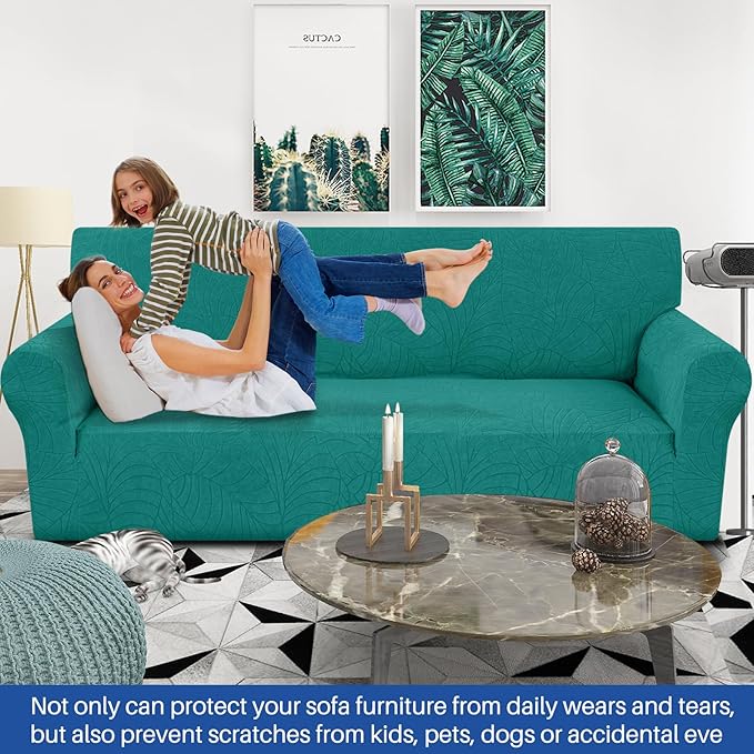 YEMYHOM Couch Cover Latest Jacquard Design High Stretch Sofa Covers for 3 Cushion Couch, Pet Dog Cat Proof Slipcover Non Slip Magic Elastic Furniture Protector (Large, Begonia Leaf Blackish Green)