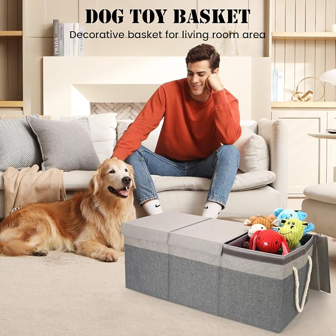Extra Large Dog Toy Storage Basket with Lid and Handle for Living Room Area | 29.5" Fabric Dog Toy Box, Collapsible Basket for Dog Toys, Organizers and Storage with Hard Board, Anti-slip for Pet Supplies