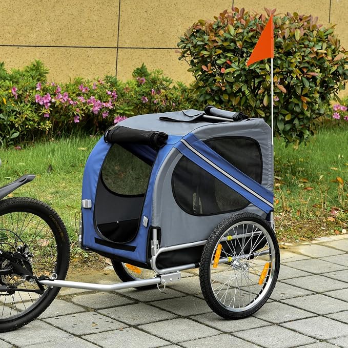 Dog Bike Trailer Pet Cart Wagon Cargo Carrier Attachment for Travel with 3 Entrances Large Wheels for Off-Road & Mesh Screen - Blue / Grey - Steel - Weather Protect - Camping Hiking Walking Cycling