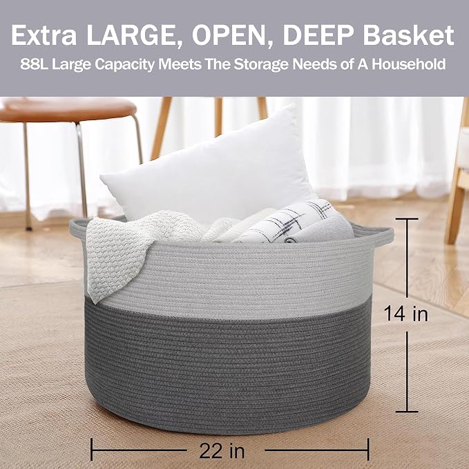 MEGASKET Extra Large Rope Basket, XXXL Woven Storage Basket, Large Blanket Storage for Living Room, Kids Room Toy Organizer Bin, Dog Toy Stuffed Animal Basket, Pillow Throw Blanket Holder, 22"x14"