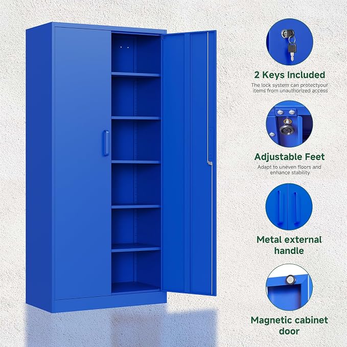 Metal Garage Storage Cabinets with Lock Door and Adjustable Shelves, Steel Tool Cabinets for Home,Office,Warehouse Organisieren (Blue)