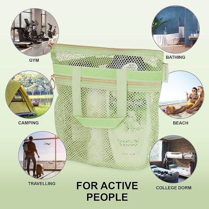 Mesh Shower Bag 10.2x9.9'' Quick-Dry Caddy with Zipper & 2 Pockets. Portable Toiletry Tote for Bathroom, Gym, Travel, Camp, Beach, for Sunscreen, Dorm & College Essentials (Light Green)