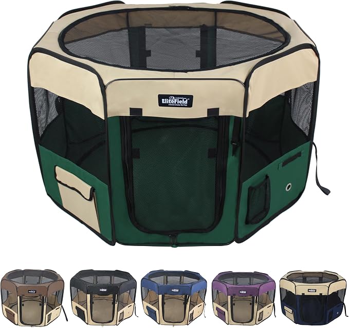 EliteField 2-Door Soft Pet Playpen for Dogs and Cats (2-Year Warranty) | 600D Fabric, Washable Floor Mat & Top Cover, Indoor/Outdoor, Carrying Bag, Ground Stakes, Zipper Locks