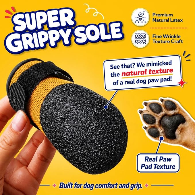 4Pcs Stay-on Dog Booties, Dog Shoes with Soft Upper & Flexible Sole | Waterproof Dog Booties for Hot Pavement, Hiking, Running, and Walking, Snow Shoes for Small, Medium, and Large Dogs, Yellow