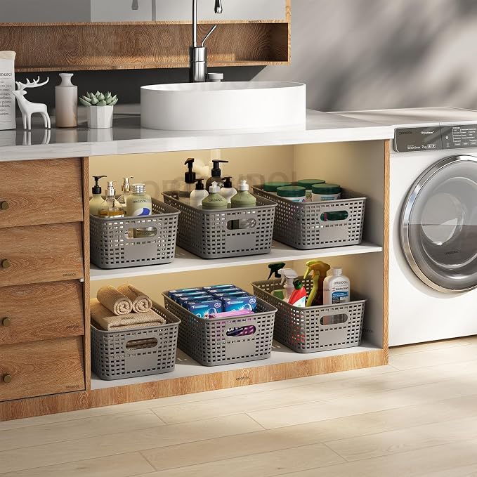 ORGIDOL Plastic Storage Basket with Lids 10 Pack Stackable Storage Bins Containers with Lid, Decorative Storage Boxes for Organizing Shelves, Drawers, Playroom, Classroom, Office, Closet, Grey