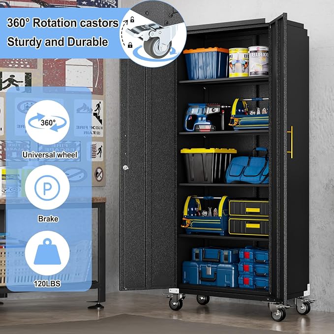 pozdeg 71" Tall Metal Rolling Garage Storage Cabinet with Lock & Wheels ﻿