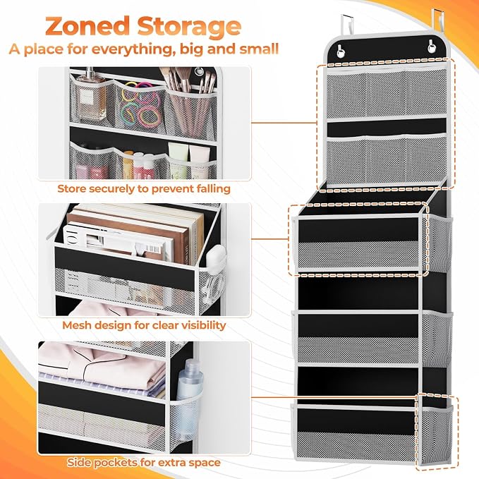 SpaceHacks 5-Tier Over the Door Organizer with Mesh Pockets, Baby Nursery Storage for Closet, Bathroom and Bedroom, Adjustable Hanging Closet Organizer for Cosmetics, Books and Essentials (Black)