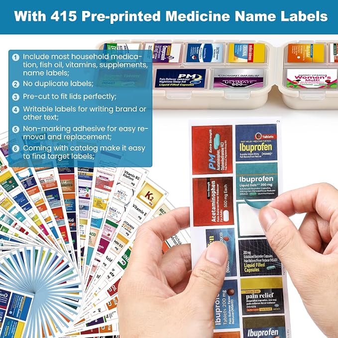 3 Pack 14 Grids Travel Pill Organizer Box with 415-Pcs Medicine Name Labels - Pocket Daily Pharmacy Case Container Kit - Travel Medication Holder Dispenser for Fish Oil Vitamin, Khaki+Pink+Sky Blue