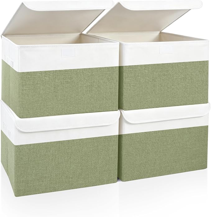 Large 22 Quart Linen Fabric Foldable Storage Bin Cube Organizer Basket with Flip-Top Lid & Handles, Clothes Blanket Box for Home, Office, Closet, Green & White, 4 Pack 14.6 x 9.5 x 9.5