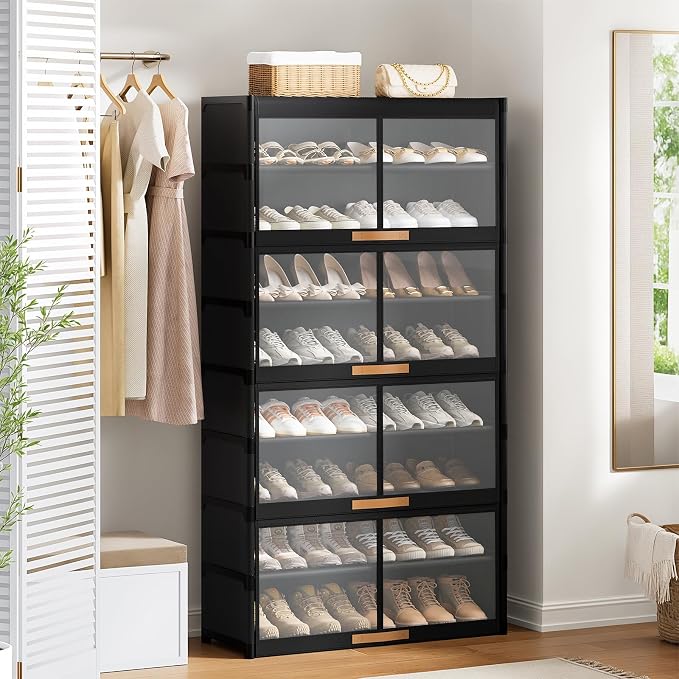 9 Tier Shoe Cabinet with Doors, 36-Pair Storage, Black | Max Capacity for Large Families, Transparent Doors for Fast Shoe Selection, Customize Layers for Boots Heels