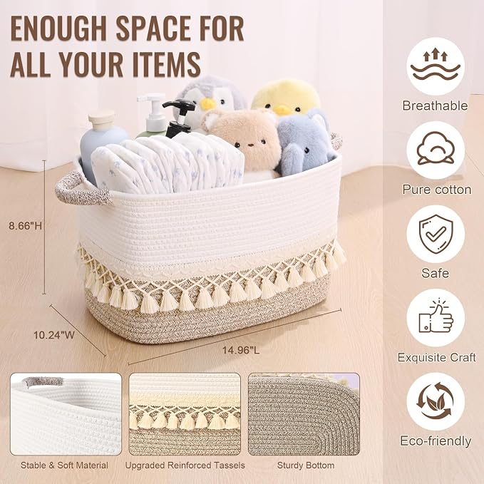 2 Pack Storage Basket for Shelves, Boho Cotton Rope Storage Bins with Heavy Tassel, Shelf Baskets Large Woven Baskets for Organizing, Cube Organizer Bins, Baby Laundry Basket for Clothes, Toys, Pets