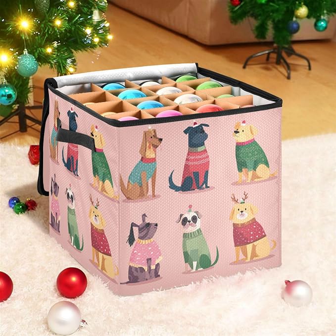 OTVEE Christmas Ornament Storage Box Holiday Decoration Organizer Stores upto 64 Holiday Ornaments Adjustable Dividers Tear-Proof Fabric Christmas Pet Whimsy