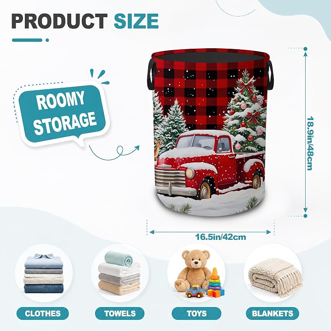 Christmas Red Truck Collapsible Laundry Hamper,Winter Deer Waterproof Oxford Cloth Clothes Basket with Handles for Bathroom Bedroom Nursery Dorm Room,16" x 20"
