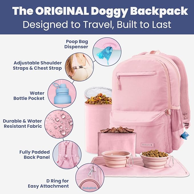 Dog Travel Backpack for Supplies - Dog Diaper Bag with Travel Bowls | 2 BPA-Free Bowls; Food Container & Treat Pouch; Placemat; Laptop Sleeve; Poop Bag Dispenser, Hiking, Camping & Road Trips,