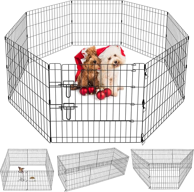 Puppy Pet Playpen 8 Panel 24 Inch Indoor Outdoor Metal Portable Folding Animal Exercise Dog Fence Ideal for Pet Animals Dog Cat Rabbit Breed Puppy (24" x 24" x 8) | Eight 24"W x 24"H black rustproof metal panels with built-in door, foldable tool-free d...