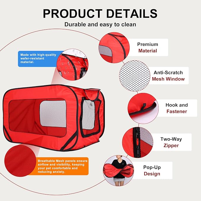 36 Inch Foldable Dog Kennel for Large Dogs, Portable Waterproof Pop-Up Pet Crate, Indoor Outdoor Travel Car Seat Kennel (Red)
