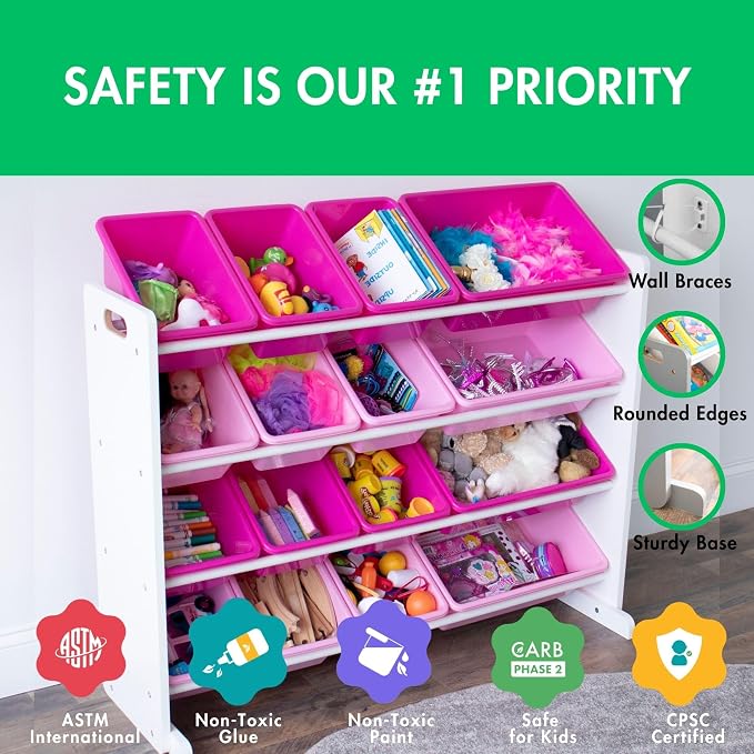 Humble Crew Supersized Toy Storage Organizer with 16 Removable Bins, White/Pink – Large Toy Storage for Toddlers Ideal for Kids' Rooms, Playrooms, and Nurseries - Modern Toy Bins for Kids
