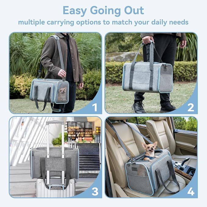 Petsfit Medium Expandable Cat Carrier for Air Travel, Up to 13 lb | 17 x 11 x 11 in; sized for Delta Airlines, with locking zippers, a handy D-ring, large pocket and multi-side ventilation.