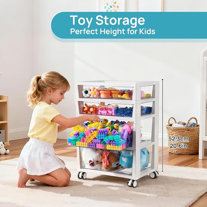 Vtopmart 4-Tier Plastic Drawer Storage Rolling Cart with Wheels | Clear Drawers, Multiple Size Storage, Visible Organization, Sturdy Design, Under Desk, Office, Makeup, Crafts & Art Storage