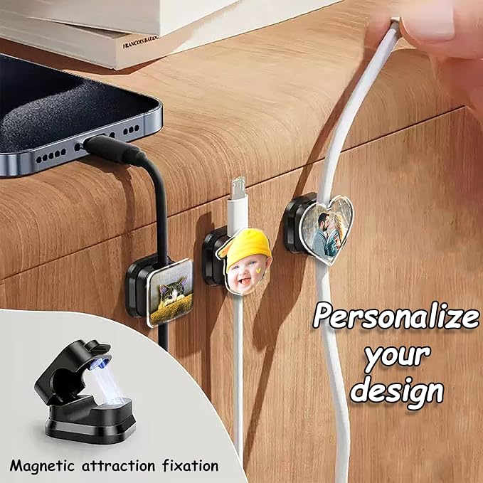 Custom Photo Cord Holder Cable Clips,Personalized Photo Cord Organizer [Magnetic],Funny Charger Holder for Nightstand,Home Office Organizer Deals for Kitchen Desk Workspace Room Decor for Custom Gift