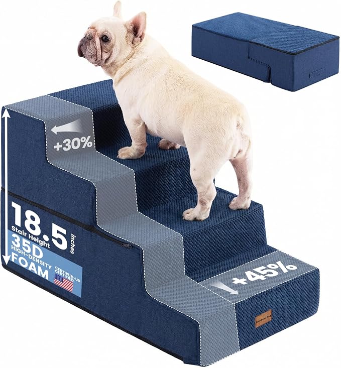 Gardner Pet Dog Stairs for Small Dogs 18.5" H, 4-Step Extra Wide Dog Steps for Bed, Pet Stairs for Bed and Couch with Durable Non-Slip Waterproof Fabric Cover and Soft Foam, Navy
