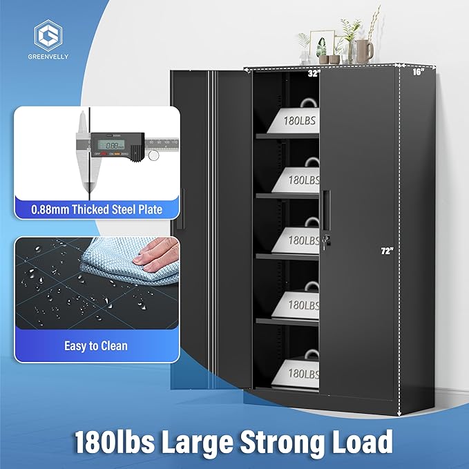Greenvelly Metal Storage Cabinet, 72" Black Locking Storage Cabinets with Doors and 4 Shelves, Tall Tool Storage Cabinet for Garage, Steel Lockable File Cabinet Metal Locker for Home Office, Classroom